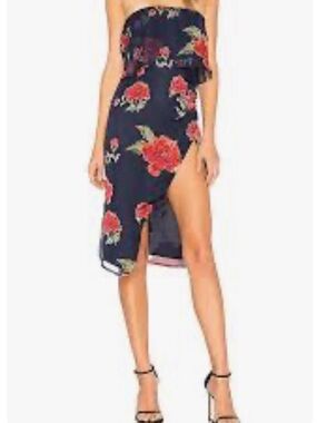 Lovers + Friends Navy Floral Strapless Midi Dress with Red Roses
